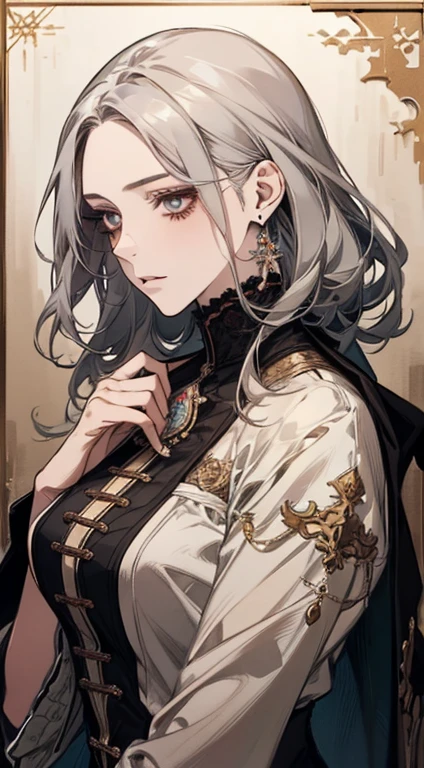 A painting of a woman with gray hair and an orange top, stunning anime face portrait, beautiful character painting, beautiful anime portrait, her image is rendered by red paint, presenting a stunning effect. The painting is very detailed, depicting women's faces and clothing. Her face has a creamy dripping effect, which makes the whole face more vivid. She wears a beautiful detailed outfit with pale gray hair. The proportions are accurate, and the costumes of the female characters are traditionally dressed, showing a classical charm.