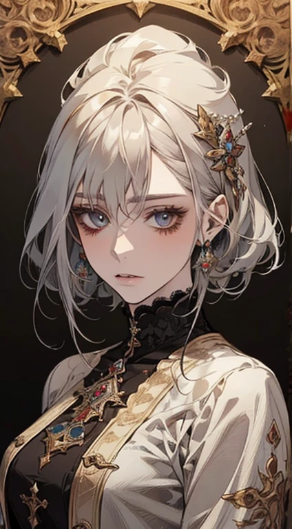A painting of a woman with gray hair and an orange top, stunning anime face portrait, beautiful character painting, beautiful anime portrait, her image is rendered by red paint, presenting a stunning effect. The painting is very detailed, depicting women's faces and clothing. Her face has a creamy dripping effect, which makes the whole face more vivid. She wears a beautiful detailed outfit with pale gray hair. The proportions are accurate, and the costumes of the female characters are traditionally dressed, showing a classical charm.