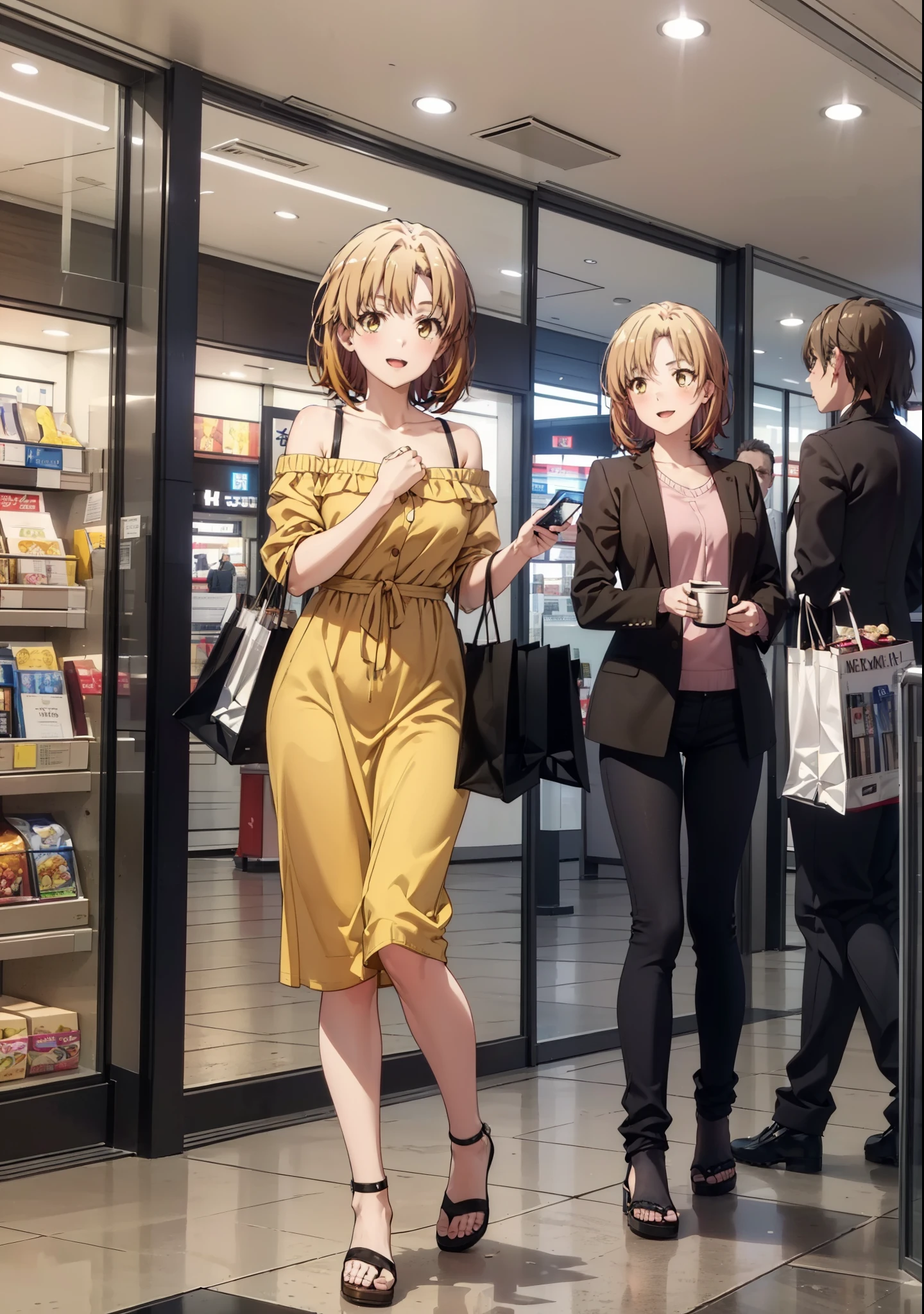 Irohaisshiki, isshiki iroha, short hair, Brown Hair, (Brown eyes:1.5), smile,Open your mouth,smile,Off-the-shoulder yellow dress,mini skirt,Cute heeled sandals,Walking,whole bodyがイラストに入るように,
break indoors,Shopping mall,
break looking at viewer,whole body,
break (masterpiece:1.2), Highest quality, High resolution, unity 8k wallpaper, (figure:0.8), (Beautiful attention to detail:1.6), Highly detailed face, Perfect lighting, Highly detailed CG, (Perfect hands, Perfect Anatomy),