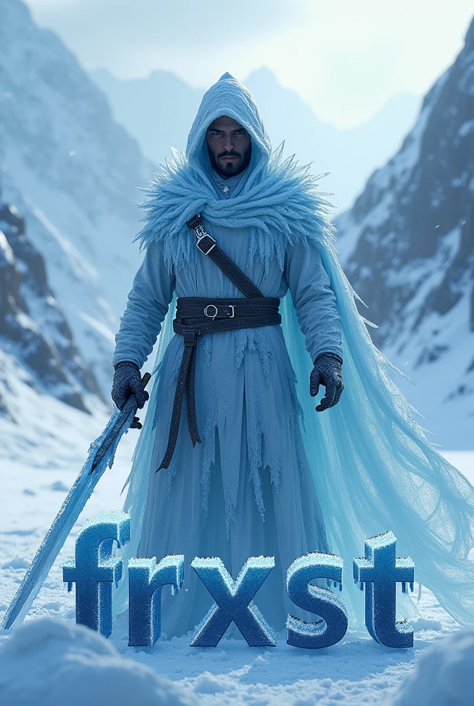 Mysterious man, ice hoodie, ice sword in hand, snowy biome background, with the word FRXST under it in blue frosted letters, hyper realism, logo