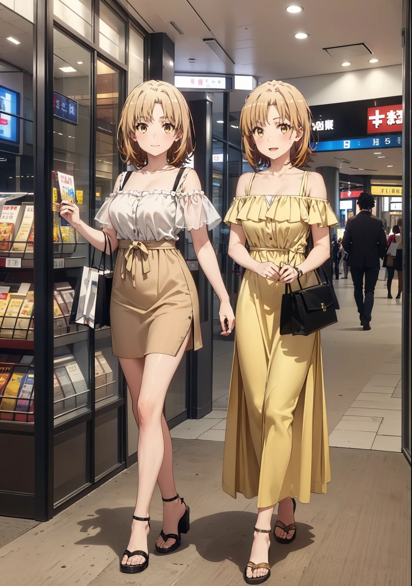 Irohaisshiki, isshiki iroha, short hair, Brown Hair, (Brown eyes:1.5), smile,Open your mouth,smile,Off-the-shoulder yellow dress,mini skirt,Cute heeled sandals,Walking,whole bodyがイラストに入るように,
break indoors,Shopping mall,
break looking at viewer,whole body,
break (masterpiece:1.2), Highest quality, High resolution, unity 8k wallpaper, (figure:0.8), (Beautiful attention to detail:1.6), Highly detailed face, Perfect lighting, Highly detailed CG, (Perfect hands, Perfect Anatomy),