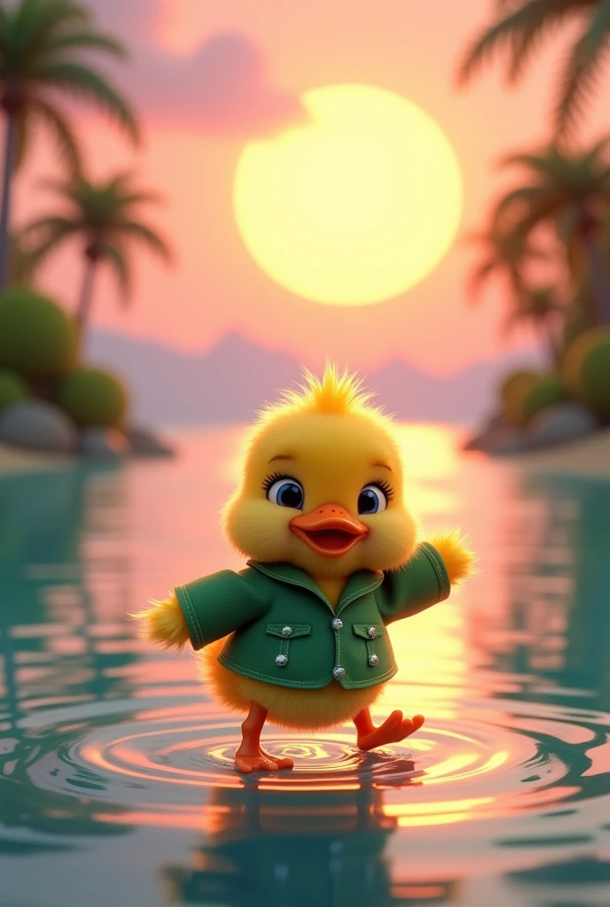 Cute duckling dancing on the lake, Beautiful sea, Sunset in pink tones , Against the backdrop of an island with palm trees, with green jacket