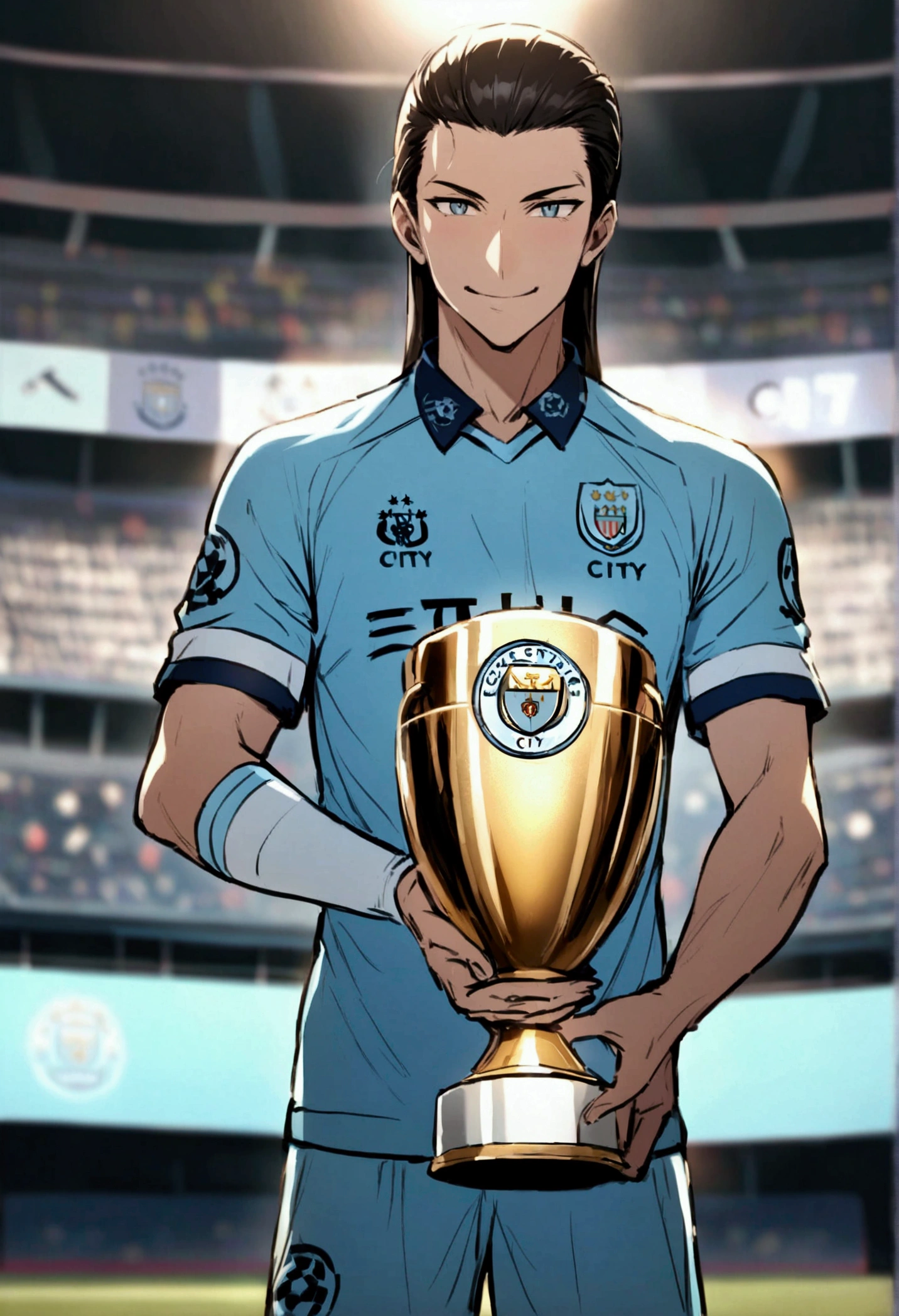 Japanese football player with straight hair slicked back and wearing Manchester city uniform inside a stadium celebrating holding a trophy and smiling and with an arrogant look