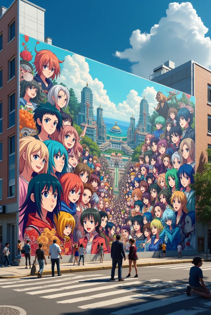 A mural with anime drawings