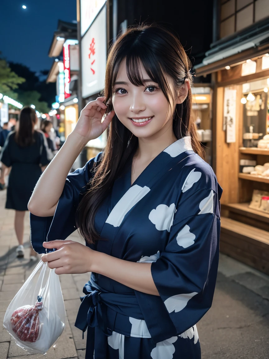 (8k, RAW Photos,Highest quality, High resolution:1.1), (Ultra-realistic:1.4),(Realistic, Realistic:1.3),The Beauty of Japan、1 person、((smile:1.2)),yukata,Tying up hair,hairpin,Drawstring bag,night,Outdoor,Summer festival,Open-air business,Opening a store,firework
