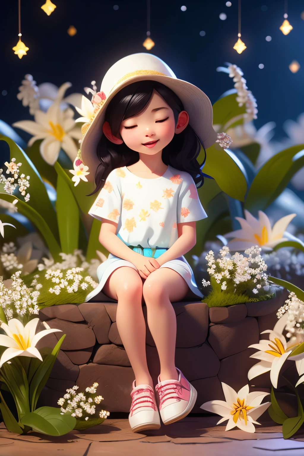 Photorealistic、（Black Hair、sleepy、Mouth slightly open、hair ornaments、Sitting、Cute Shoes）、Lily of the valley hill、night