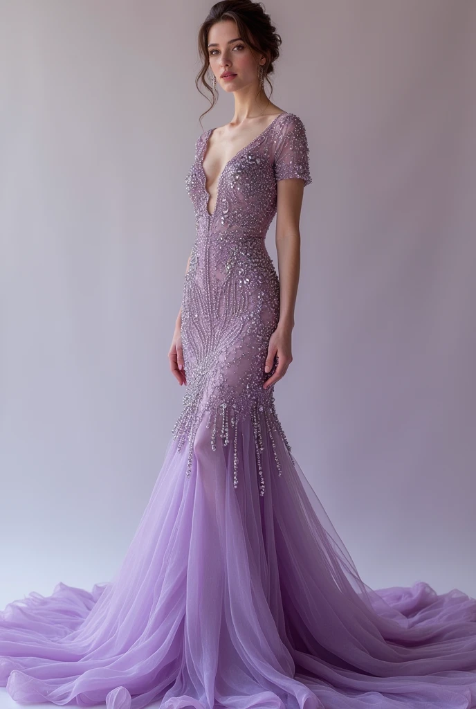 European woman model with hairstyle wearing luxurious lilac long beaded dress. Show the whole dress.