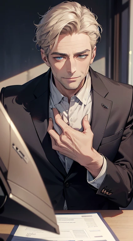 (best quality,4k,8k,highres,masterpiece:1.2),ultra-detailed,(realistic,photorealistic,photo-realistic:1.37),1 man,3,mature man,very handsome,without expression,smile,short grey golden hair,blue eyes,penetrating gaze,perfect face without errors,imposing posture,businessman,office background,cinematic lighting,hdr image