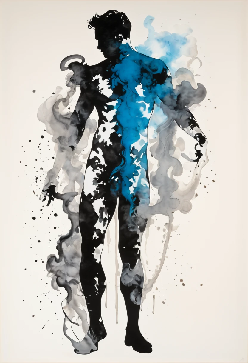 full figure ink_blot painting with male figure study remincient of glass and smoke