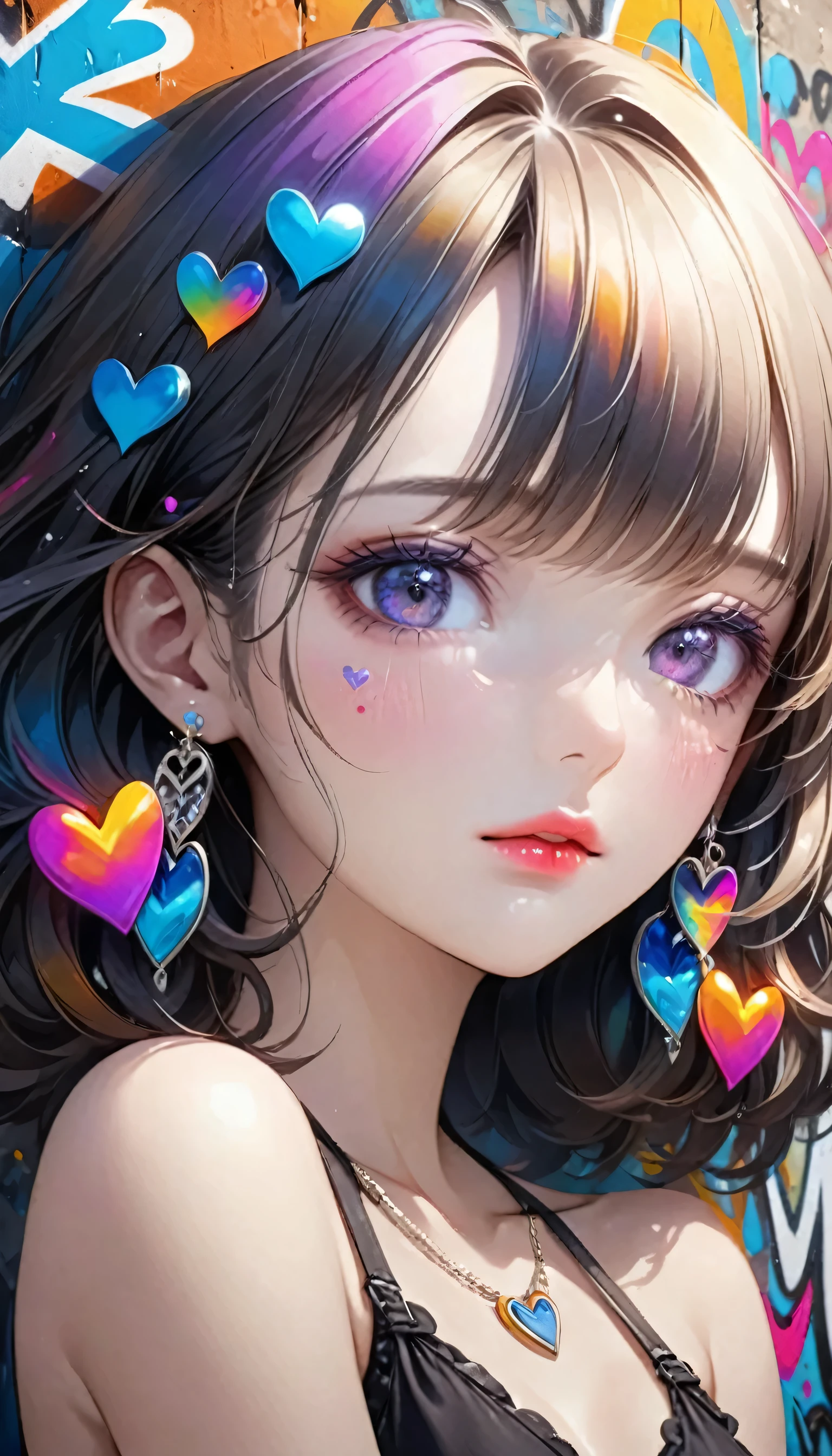 Ultra-realism Micho colorful style, Simple Line Initialism,Abstract art,(((The most beautiful girl of all time))), Sweet face. Lips in love, colorful hearts, stylish design, Summer beach fashion, Dark Eyes, Graffiti on the wall