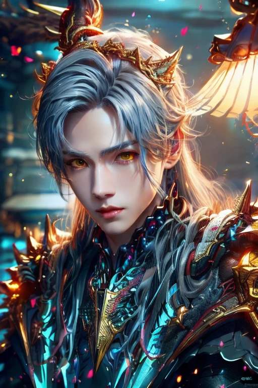 (Best Quality, 8K, Masterpiece, HDR, Soft Lighting, Picture Perfect, Realistic, Vivid), Male Humanoid Dragon (1.0),9 halo divine  ring at back,circle shape ring at back super detailed,1 Guy, (((male))),light red lips, Perfect Face, Super Detailed Photo of a Magnificent Humanoid Dragon man with long silver hair,golden amber eyes,eyes detailed,super ultra detailed eyes,reality eyes look((no noice)),Beautiful anime fantasy, background blur, anime fantasy, Gouves style work, realistic: 1.37, long silver hair, full lips, (((Curvy guy))), (Ultra high quality fantasy art) , Masterpiece , male model, ultra high quality male character designs, detailed 8k anime art, realistic anime art, highest quality wallpapers, intricate ultra high quality accurate male characters faces, high quality design and accurate physics (fantasy - ultra high quality) art) , dark  fantasy style), masterpieces, super high-quality characters, anime resolution - 8K, realistic anime art, wallpapers with the highest quality illustrations, ultra-high detail of faces, high-quality design and accurate physics), color, depth of field, shadows, ray tracing, high quality execution. -high quality and 8K resolution, (Accurate simulation of the interaction of light and materials)], [High-quality hair detail [Read more about beautiful and shiny white hair]], (Beautifully detailed hands [perfect fingers [Perfect nails]]], (perfect anatomy ( perfect proportions)))) [[Full height]], [Perfect combination of colors (Accurate imitation of the interaction of light and material)], [art that conveys the meaning of the story](modified)