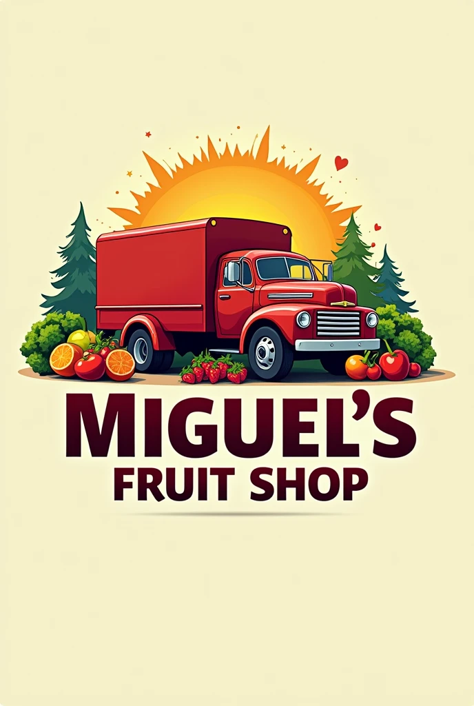 Logo of a truck with fruits and vegetables around it, the red truck, and below the name "MIGUEL&#39;S FRUIT SHOP 