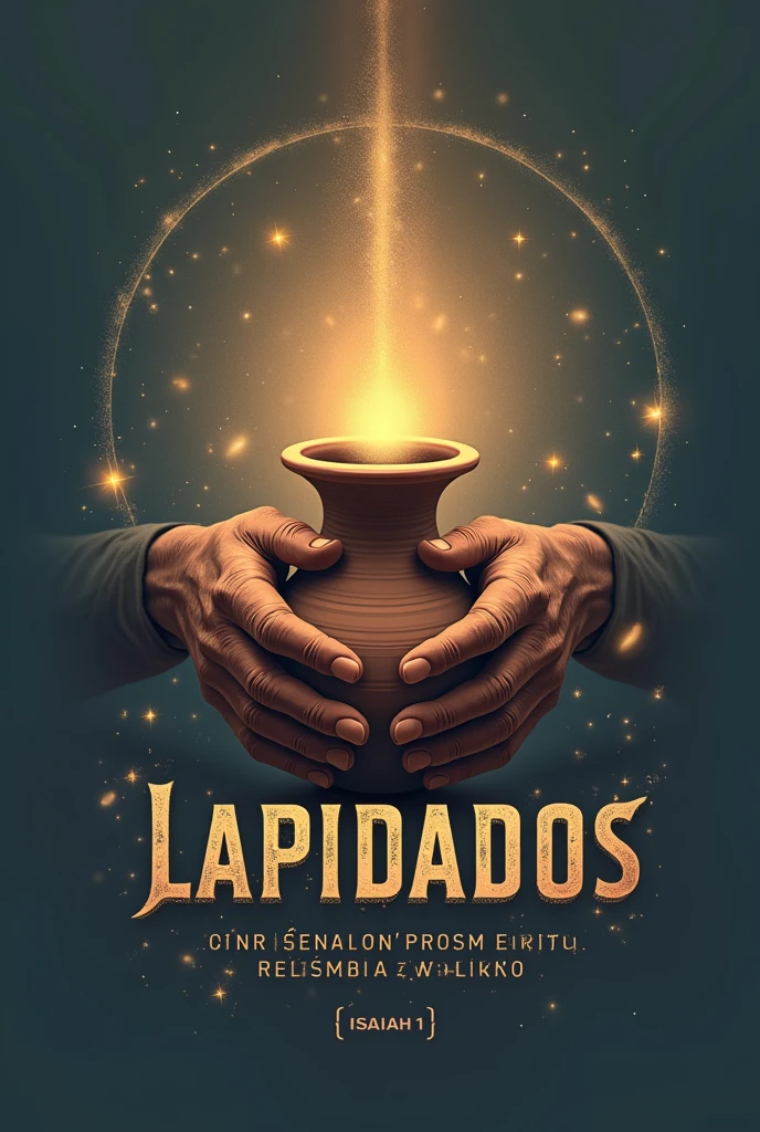 Create a shirt design for a “Lapidated” themed church celebration. Based on the biblical passage from Isaiah
**Design Elements:**
1. **Image Center:**
- A pair of hands modeling a heart or clay vase.
- Includes a subtle glow in the clay to symbolize transformation.
2. **Text:**
- Includes a biblical quote in an elegant font.
- Title: "Lapidados" highlighted in a robust font.
3. **Cores:**
- Use shades of brown and blue to convey calm and spirituality.
4. **Decorative Elements:**
- Small sparks or stars around the clay.
Coloque as frases tem uma blusa em português Brasil
Retire o coração e coloque um vaso de barro com cores douradas com a palavra lapidados em português Brasil
Imagens realistas com mãos de um oleiro tem uma imagem para uma camisa