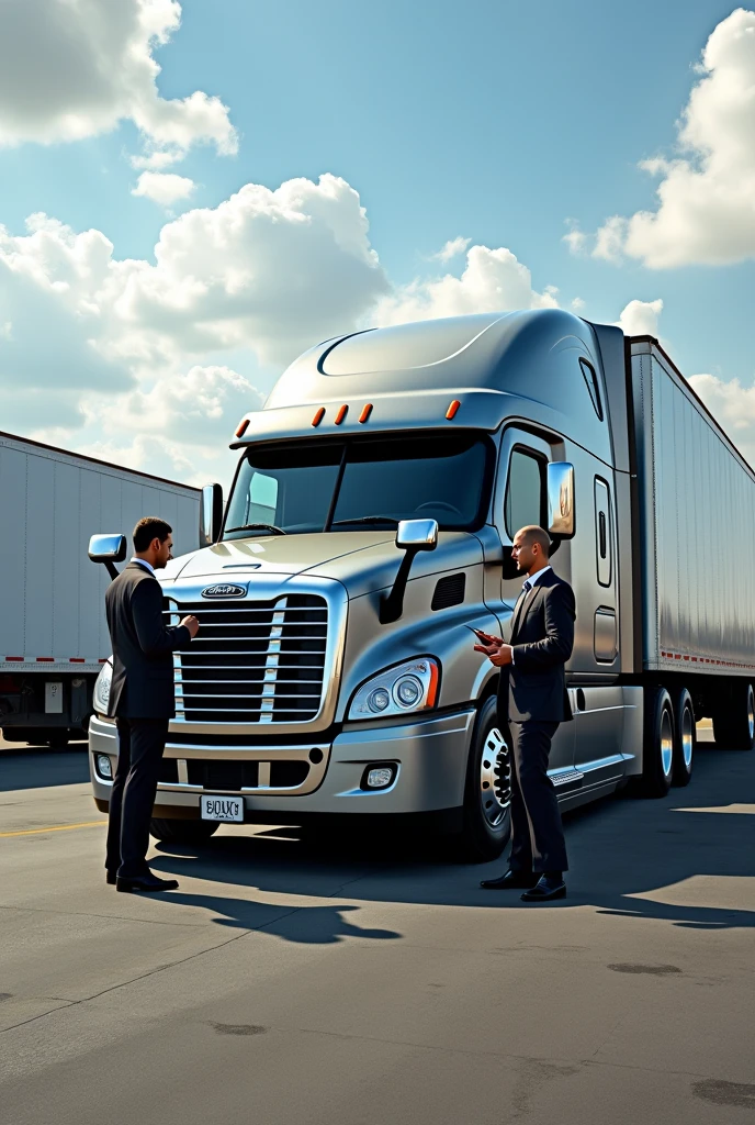 A realistic image showing our company selling a trailer truck to a potential buyer here in USA