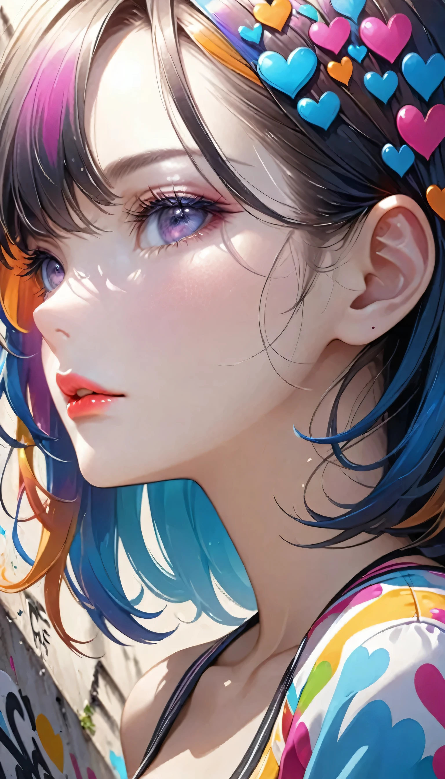 Ultra-realism Micho colorful style, Simple Line Initialism,Abstract art,(((The most beautiful girl of all time))), Sweet face. Lips in love, colorful hearts, stylish design, Summer beach fashion, Dark Eyes, Graffiti on the wall