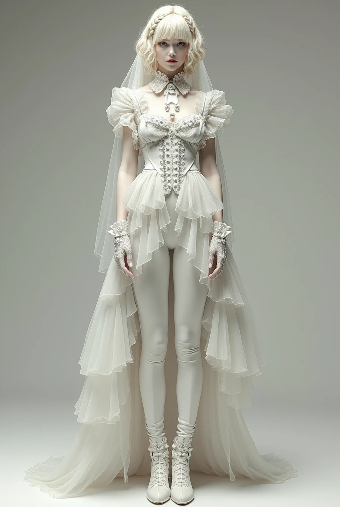 Man of androgynous appearance: Her skin is white and her hair is short, wavy, layered blonde., On top of the head, blonde braids hold the groom's veil in layers of organza and the hair covers part of his face.. She wears an outfit that combines a dress with very tight white dress pants.. The pants are completed with a layered groom's dress train that starts at the waist with layers of elegant tulle and diamonds.. The top of the rococo dress is complete from waist to neck., imperial collar with ruffles jabot with a bow, sleeveless, decorated with diamonds sewn on the front. The ensemble is complemented by a layered organza bridal veil., long, elbow-length lace gloves and rococo boots