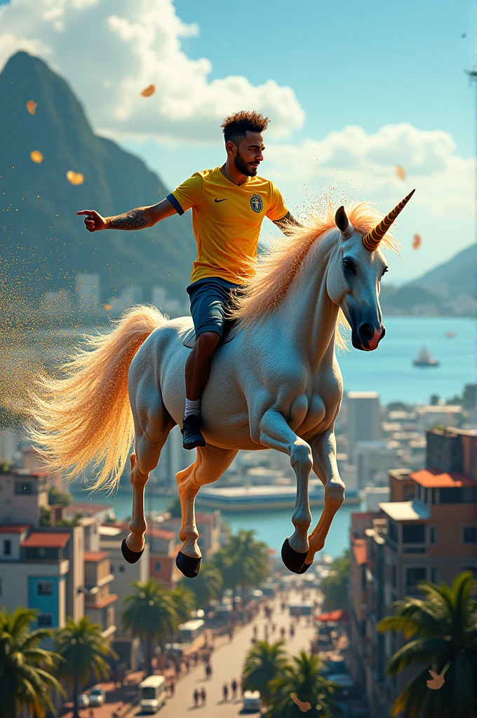 Neymar flying through Rio de Janeiro with a unicorn, flooding Rio de Janeiro with glitter