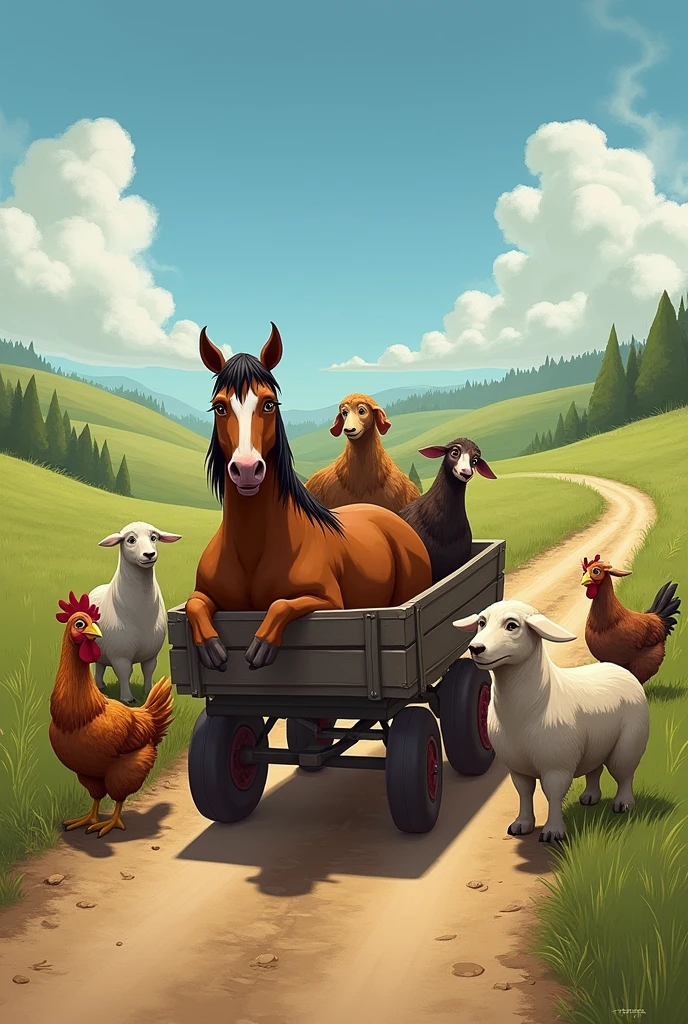scene: A cart carrying Boxer the sick horse, with the other animals looking confused.