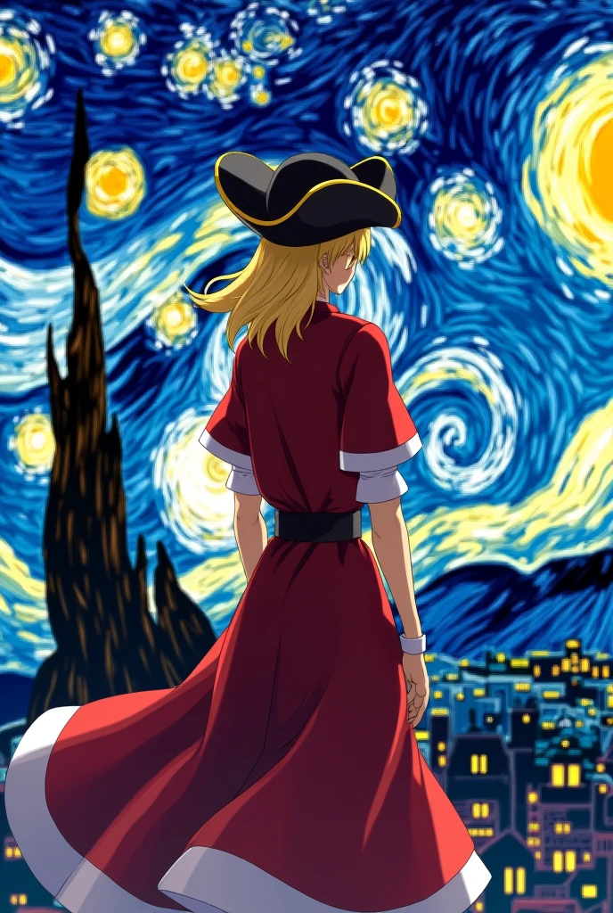 Can you make me a picture of Ryusui Nanami? (man) of doctor stone with his red pirate clothes with short sleeves and having the lower part as a dress with his long hair down to his neck and blonde and with a big pirate hat turning his back and seeing the city with Van Gogh&#39;s starry night in the background