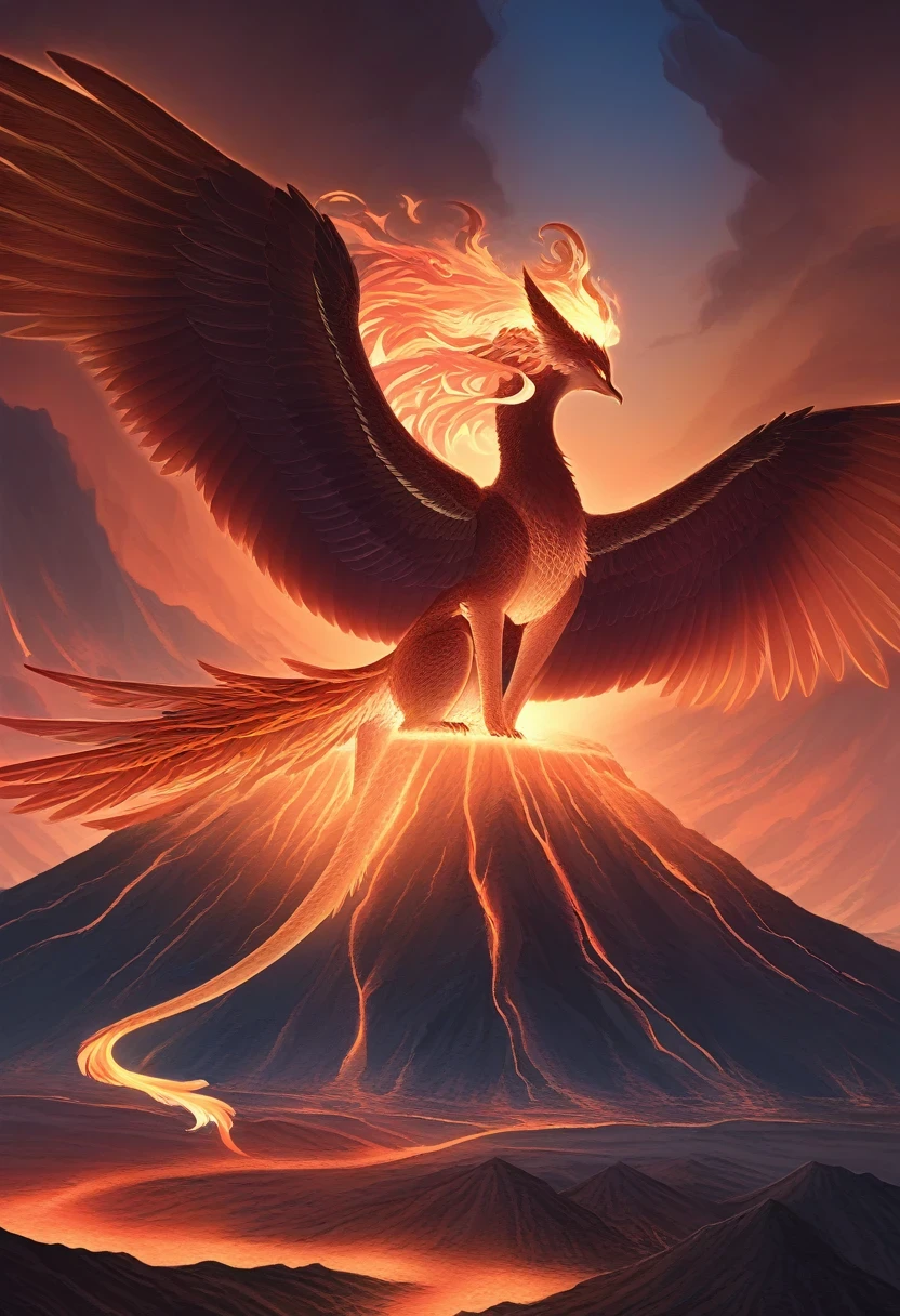 ((Masterpiece)), ((Best Quality)), (Very Detailed), ((Very Detailed)), 4K, (8K), very aesthetic, absurdres highres, 1 woman, (anthropomorphic phoenix, furry, kemono:1.5), A phoenix takes off from its fiery nest against the backdrop of sunrise. The phoenix's wings are vast, each feather shining like flames, and the tips of the feathers shine golden. Its body is covered with red, orange, and gold feathers, and a pale blue light is emitted from within. The tail is long, beautifully curved, and iridescent. Its eyes are a deep amber color with small flickering flames, symbolizing wisdom and power. Surrounded by a volcano with glowing red lava flowing, it is a symbol of strength and rebirth.