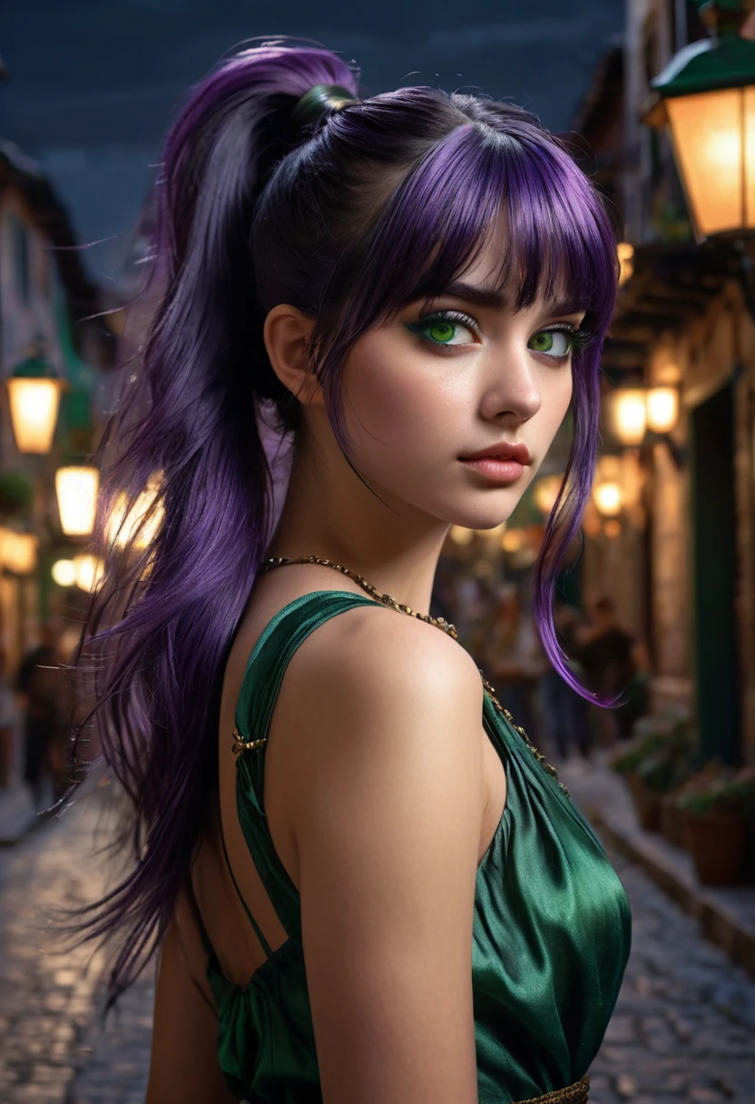 A young woman, villainous expression, dark green hair tied in a ponytail and bangs, purple eyes, (((a young woman with dark green princess hair 1.7)))(((very beautiful))), perfect faces, full body, she is in a medieval city at night, warm palette, she is wearing a sleeveless black dress, purple eyes, , 8K, extremely detailed, (high quality, realistic, photorealistic: 1.37), ideal proportions and defined skin, meticulously crafted features, unapproachable beauty, perfection, artistic art, vivid realism, hyper-detailed sculpting, realistic shapes, truly awe-inspiring, impeccable craftsmanship, pure brilliance, ethereal beauty, delicate contours, striking poses, sublime beauty, subtle nuances, dynamic compositions, vibrant colors, perfect lighting, moving expressions, heavenly aura, majestic presence, dreamlike atmosphere, unmatched detailed octane rendering trend on artstation, 8k artistic photography, photorealistic concept art, soft natural volumetric cinematic light, chiaroscuro, award-winning photography, fine art, oil on canvas, beautiful, detailed, intricate, insane
