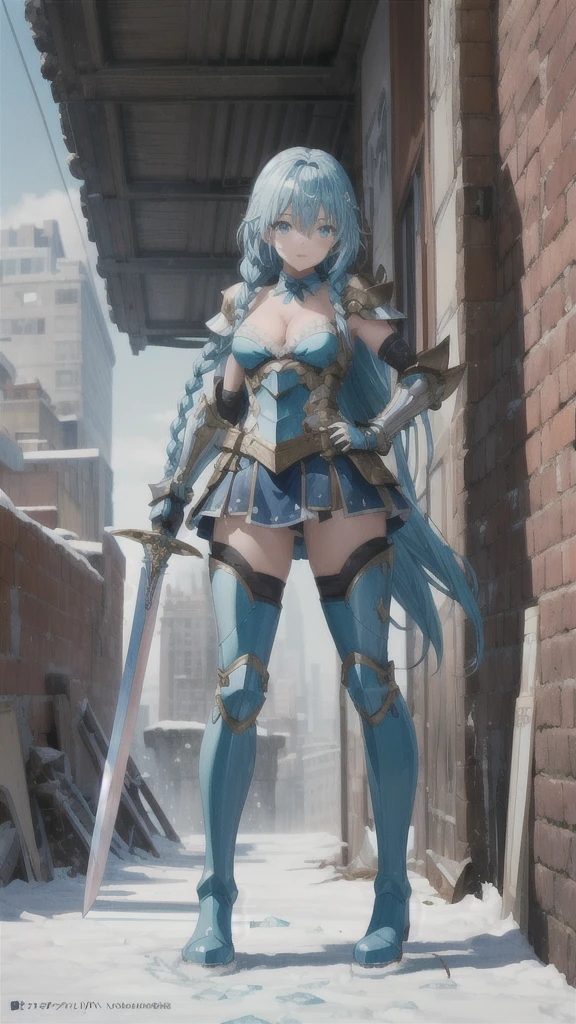 A young girl with long blue braids，Armor Mask，Chest，cleavage，Cyan armor，Full body tights，Iron skirt，thigh，iron boots，ice，sword，Urban ruins