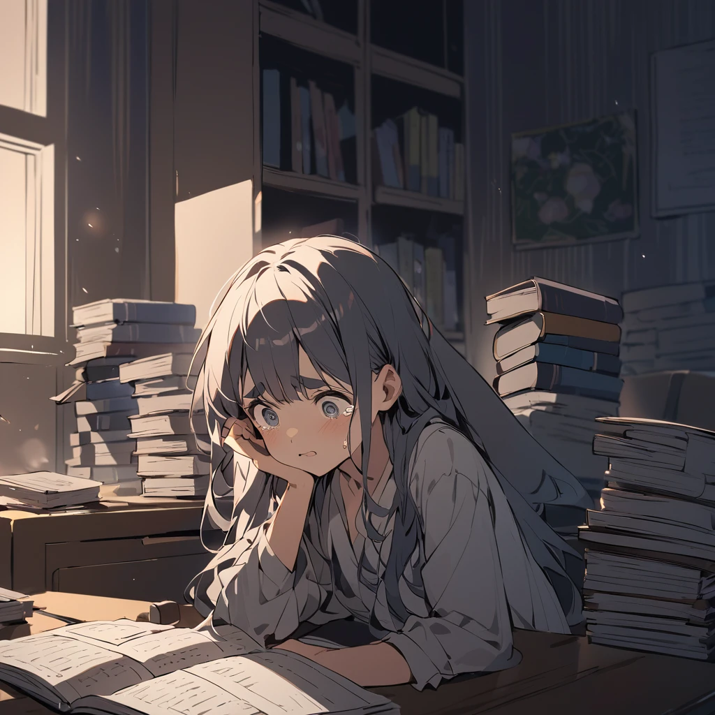 A nighttime scene in a child's bedroom, depicting a young girl with thick eyebrows and large, expressive eyes, crying in frustration while studying at her desk. The girl is sitting with a defeated posture, tears streaming down her face as she stares at the open book in front of her. On the desk, there are stacks of reference books piled up, emphasizing the pressure and difficulty she's facing. The room is dimly lit, adding to the somber and intense atmosphere of the scene.