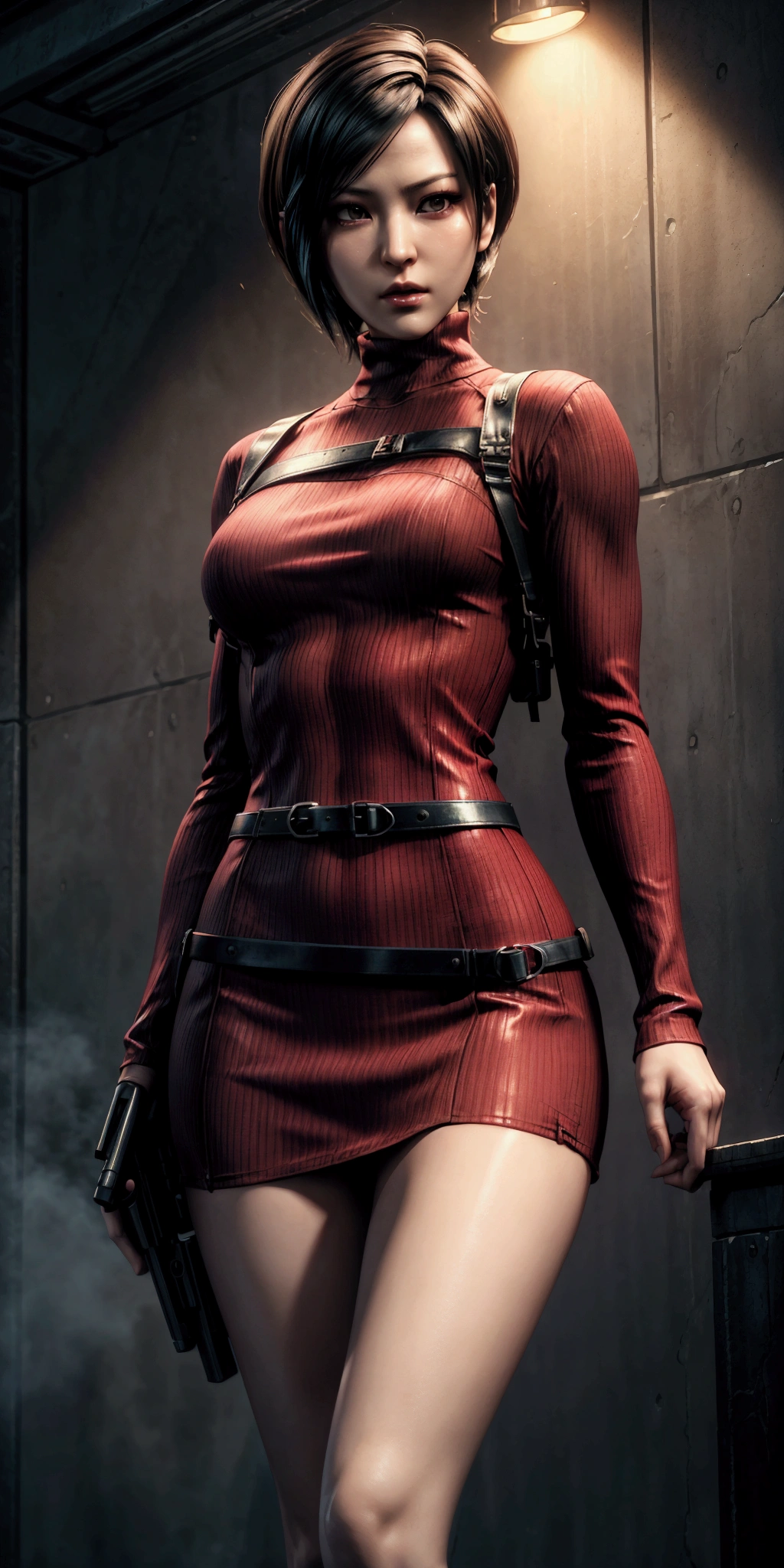 Ada wong, resident evil art, realistic skin, detailed pretty face, beautiful face, thin narrow waist, medium round breatst, red tight dress, military straps and belts, ribbed sweater, realistic, sexy pose, (open beauty legs), ultra realistic