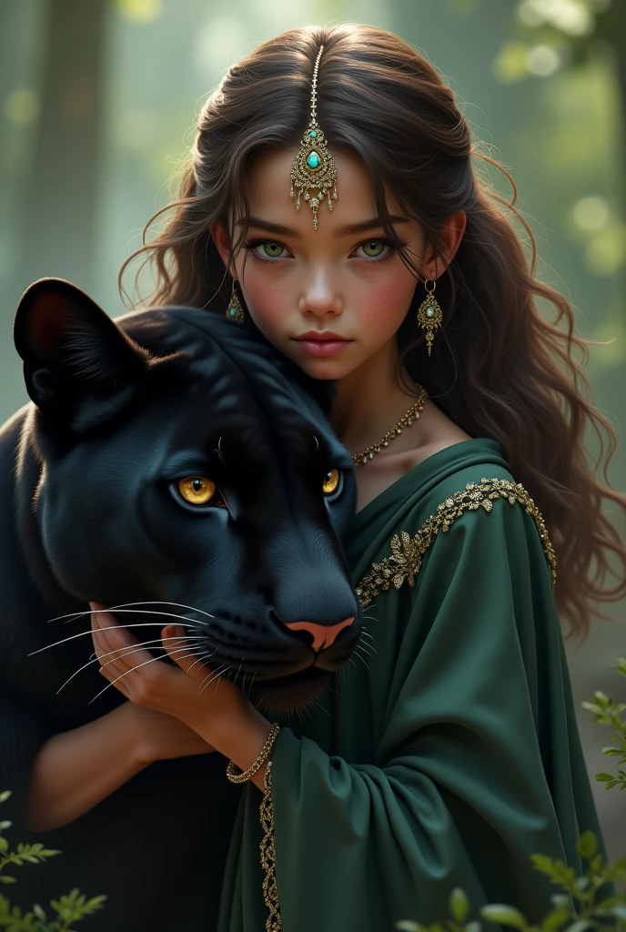 A girl with chocolate-colored hair and green eyes and gem earrings protecting a black panther with brown eyes