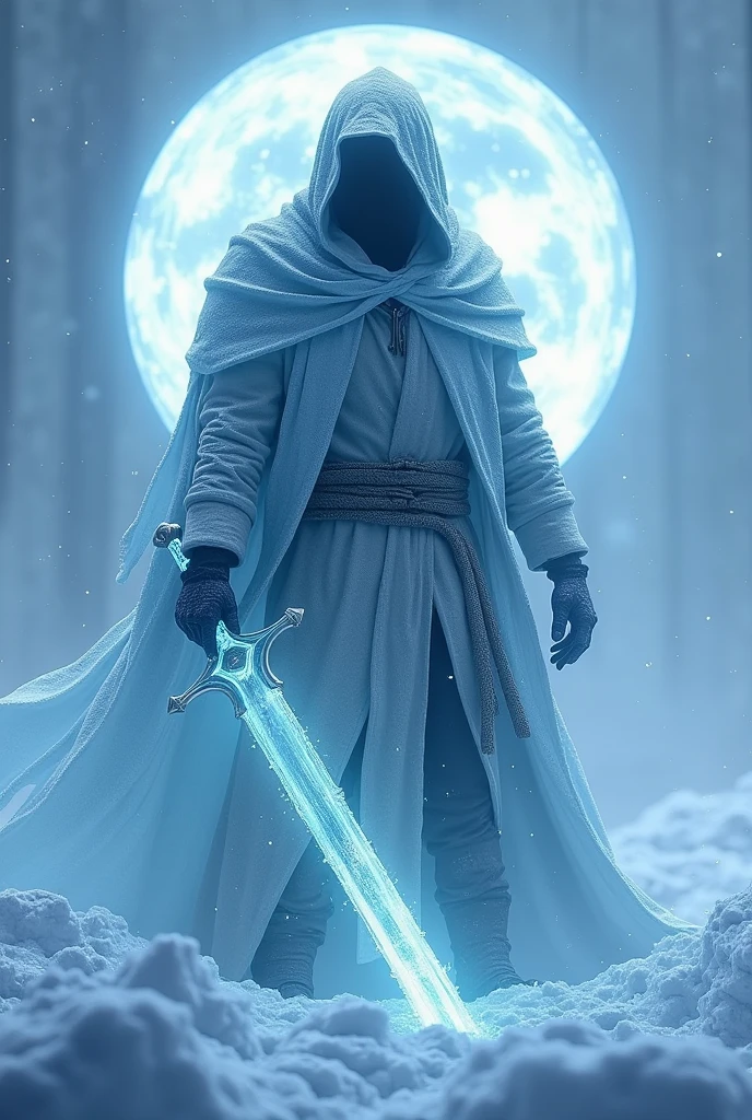 Mysterious man, ice hoodie, ice sword in hand, snowy biome background, hyper realism, logo