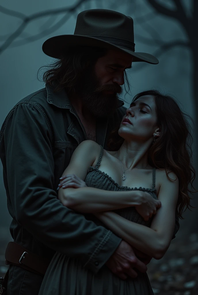 Man in hat and beard holding a woman who has passed out during the night