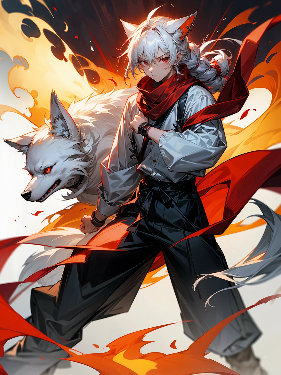 1male, Adult, Long White Hair, White Baggy Long Sleeve Shirt, Baggy Black Pants, Red Eyes, Red Scarf, Earring, Masculine, Dog Ears, Surrounded By Flames, Wolf, Single Hair Braid, Flaming Ears, Low Stance