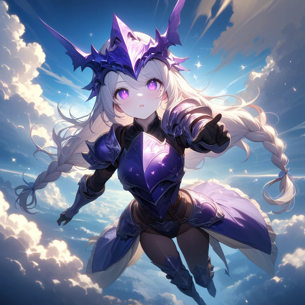 (One Woman),(Best image quality, 32K, masterpiece:1.3),((Silver long hair:1.1)),(Swept-apart bangs,Braiding), (Cute eyes, Dark Eyes), (Detailed eyes),(Mole under right eye), (Standard weight), (Glowing Skin:1.1),(Pale skin:1.2),(A fantastic atmosphere),(look up),Ultra-high resolution, Textured skin, Sparkle Effect, Full body Final Fantasy,female dragon knight,Violet plate armor,Blue-purple dragon helmet,
blue sky,cloud,jumping in the sky,jump,Jump high into the sky,
Has a big gun,