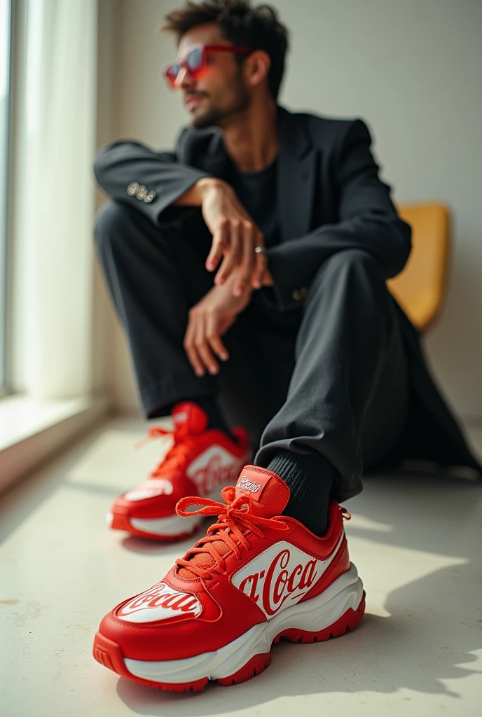 portrait artistic photo of a very fashionist cocacola sport shoes ,