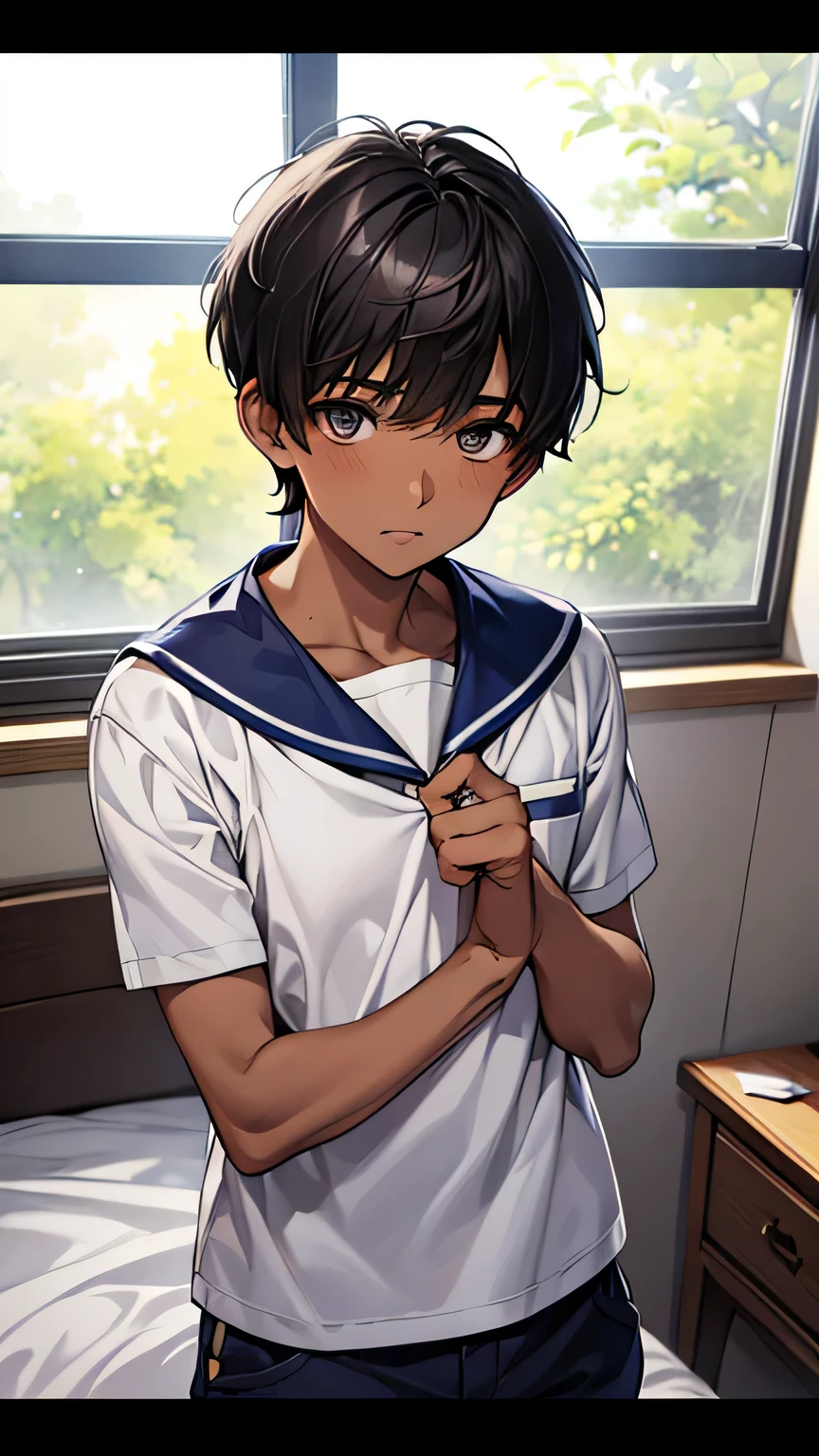 Highest quality、Realistic、、zoom、、man、look up、cute、Light grey eyes、Black Hair、short hair、Tanned brown skin、Dark Skin、White short sleeve shirt、Navy blue shorts、Flat Chest、Bust Shot、thin、bed