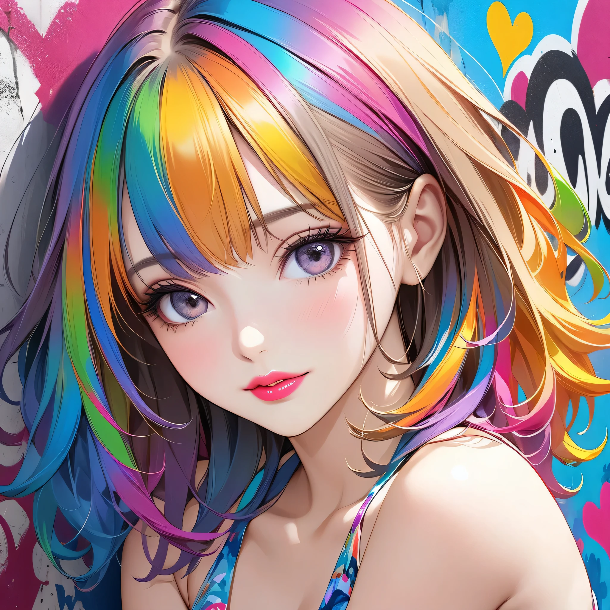 Ultra-realism Micho colorful style, Simple Line Initialism,Abstract art,(((The most beautiful girl of all time))), Sweet face. Lips in love, colorful hearts, stylish design, Summer beach fashion, Dark Eyes, Graffiti on the wall