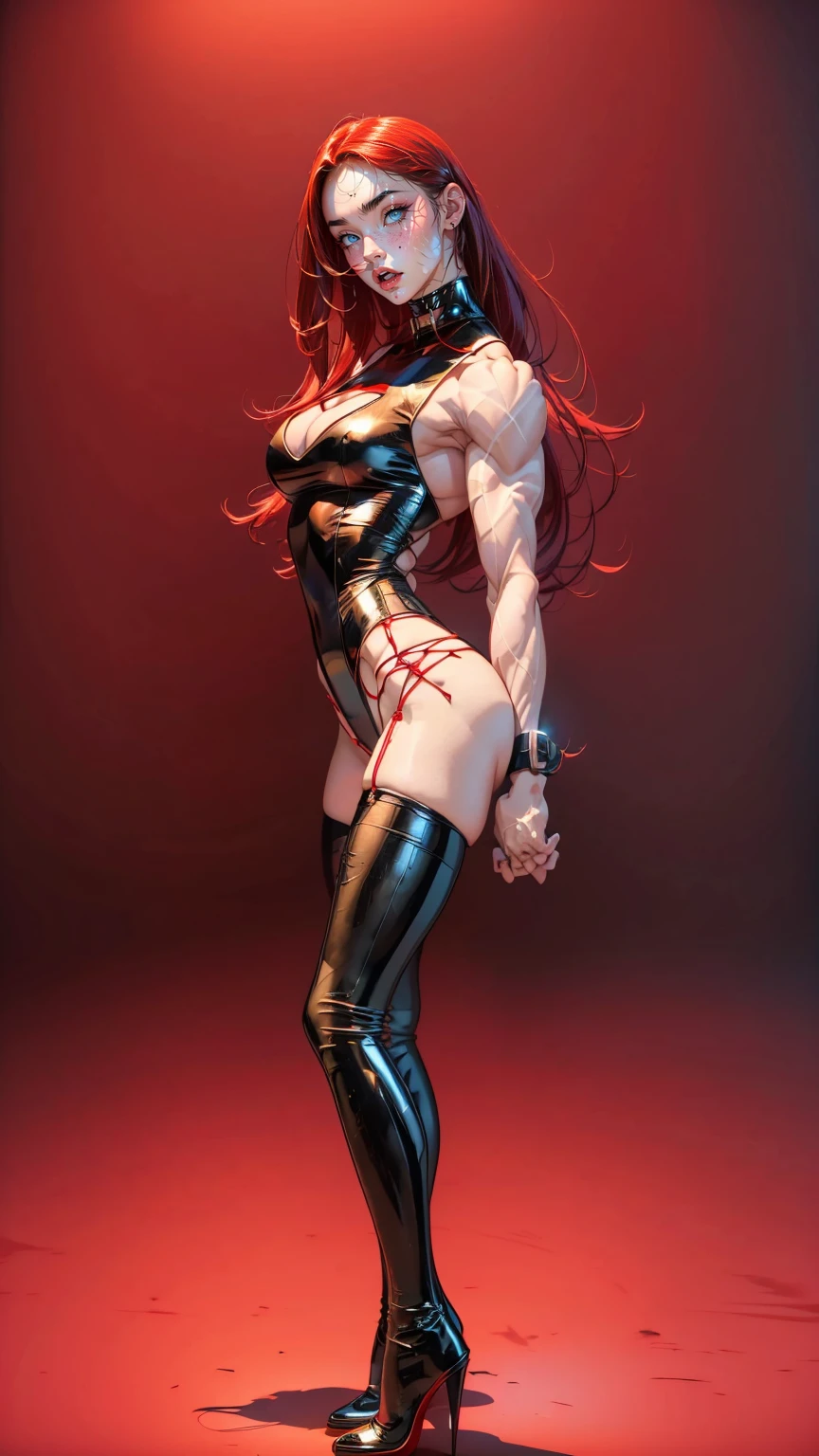 (megan fox), young vampire girl, bodybuilder physique, seductive face, seductive look, long red hair, perfect muscular body, long thin legs, (leather leotard, thigh highs & high heels), small breasts, (huge muscular shoulders:1.45), (full body shot), (blank background:1.25), MeganF_SoloTI_v1
