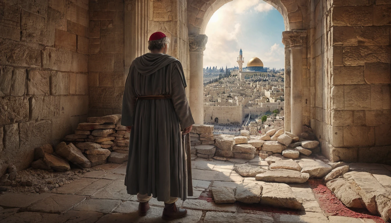 "Create an ultra-realistic 8K video cover featuring Nehemiah in the center of the image. Nehemiah must be in the foreground, dressed in historical clothing of the time, with an expression of determination and hope. in background whith, show the city of Jerusalem in the process of reconstruction, with workers involved in restoring damaged walls and doors. Use a sober color palette, with shades of gray and red, to reflect the gravity of the situation and the spirit of renewal. Add a soft lighting effect to highlight Nehemiah as the central figure and create a sense of depth and realism in the scene. Include the video title prominently and legibly: &#39;Nehemiah: Strengthen My Hands, Lord&#39;."






