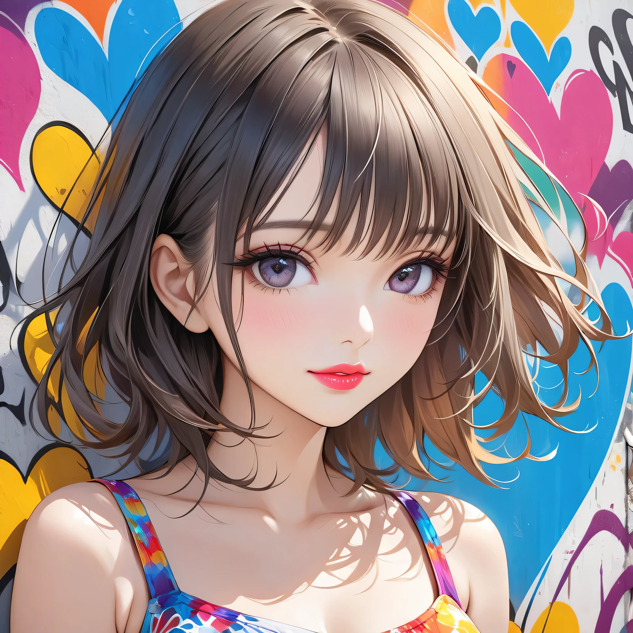 Ultra-realism Micho colorful style, Simple Line Initialism,Abstract art,(((The most beautiful girl of all time))), Sweet face. Lips in love, colorful hearts, stylish design, Summer beach fashion, Dark Eyes, Graffiti on the wall