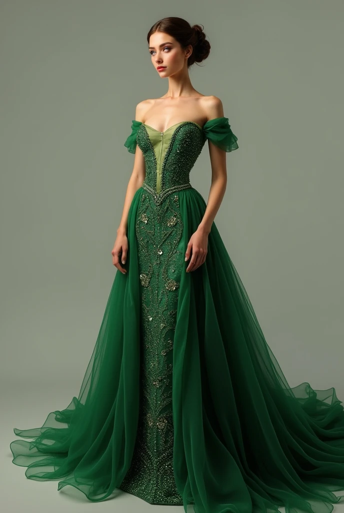 European woman model with hairstyle wearing luxurious green long beaded dress. Show the whole dress.