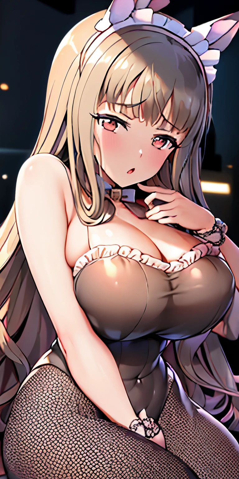 (Highest quality), (High resolution), (masterpiece), (Very detailed), One Girl, Cowboy Shot, One Girl,Miho no Bourbon\(Horse Girl\),Long Hair, Brown Hair, Hair between the eyes,blue eyes, Large Breasts, Silky skin, Shiny skin, blush,Heart pupil, Heavy breathing,(Put on the collar, Sexy outfit), Front view, (Bright saturation), Love juice drips from the crotch, In the park at night, Lead extends from collar,With a happy face, Pulled by the lead,Spread your legs