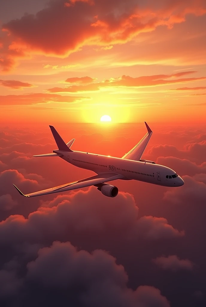Generates a sunset on the horizon while a plane in the middle