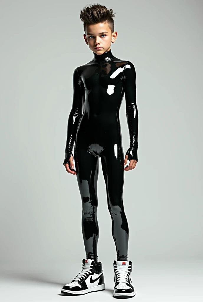 boy with styled hair wearing a skin tight latex suit and jordan 1 sneakers