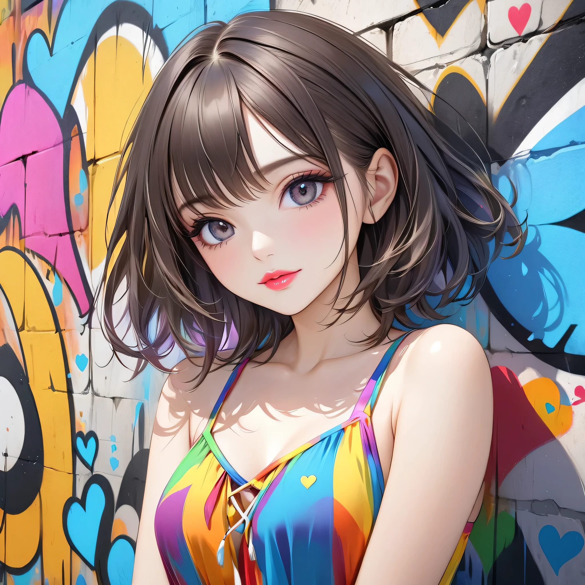 Ultra-realism Micho colorful style, Simple Line Initialism，Abstract art，(((The most beautiful girl of all time))), Sweet face. Lips in love, colorful hearts, stylish design, Summer beach fashion, Dark Eyes, Graffiti on the wall