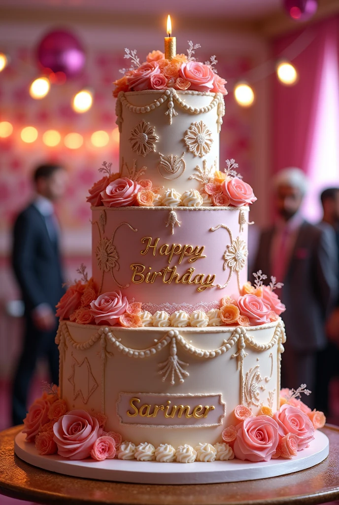 Make me a big two-story cake that says: Happy birthday Sarimer