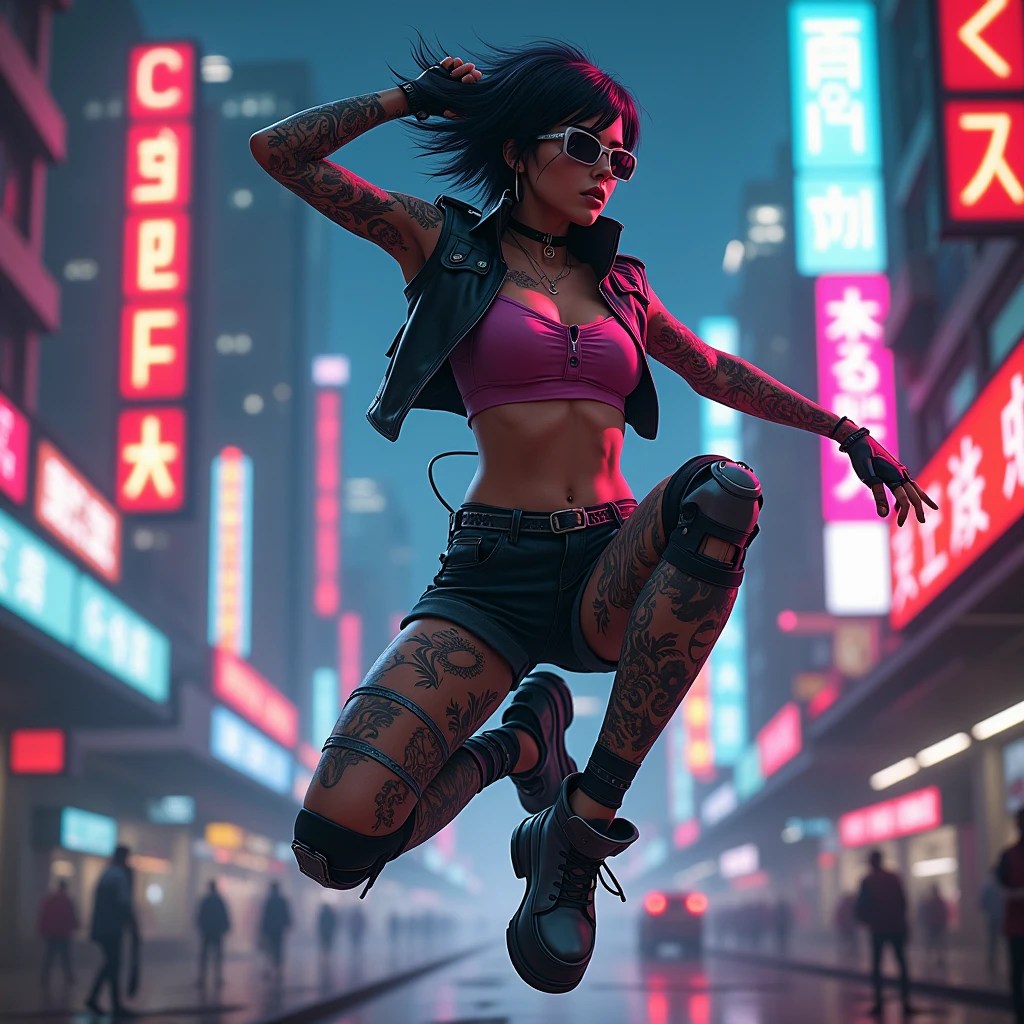1 cyberpunk girl, sunglasses, short hair, robotic arm, tattoo on a large part of the body , jumping pose ,big cyberpunk city at night in background, detail richness, masterpiece, best quality, explosion of flashy colors , cyberpunk 2077 style