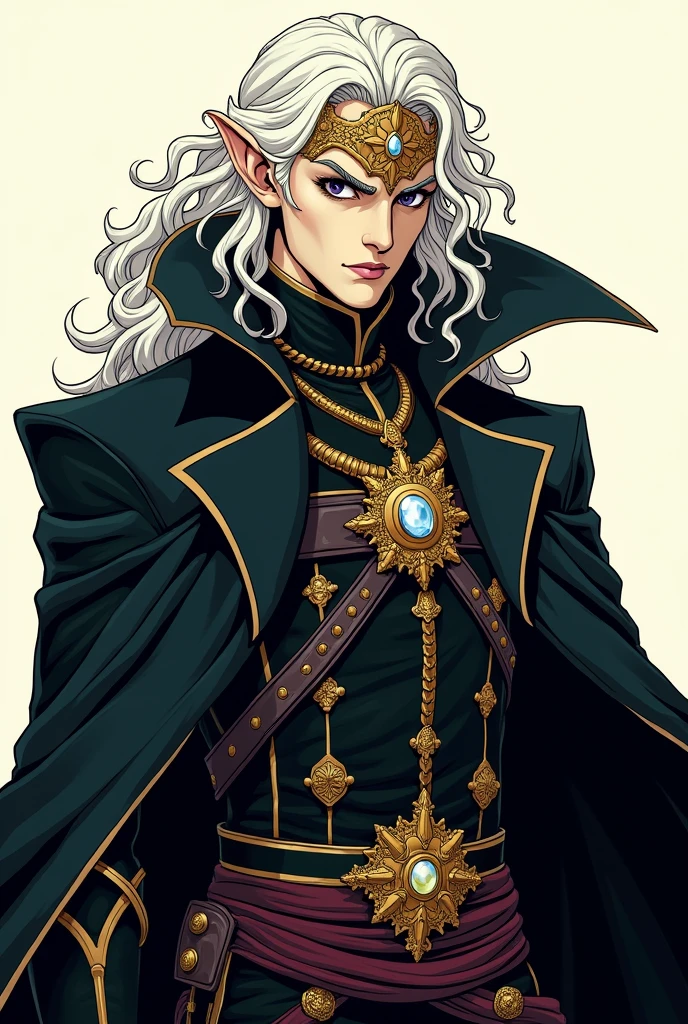 Create an elven rogue with pale skin and long, curly white hair. He has a sádico e superior a todos olhar, exalando uma aura de arrogância. His outfit is predominantly black with intricate white and red details. At his waist, he wears an amulet resembling the Behelit from Berserk, but with a mask design similar to Dio's mask from JoJo's Bizarre Adventure, in a golden color. Ensure the mask and amulet are prominent, and the overall style of the character should follow traditional comic book art with bold outlines and flat colors. The background should be plain to highlight the character's detailed outfit and accessories.
