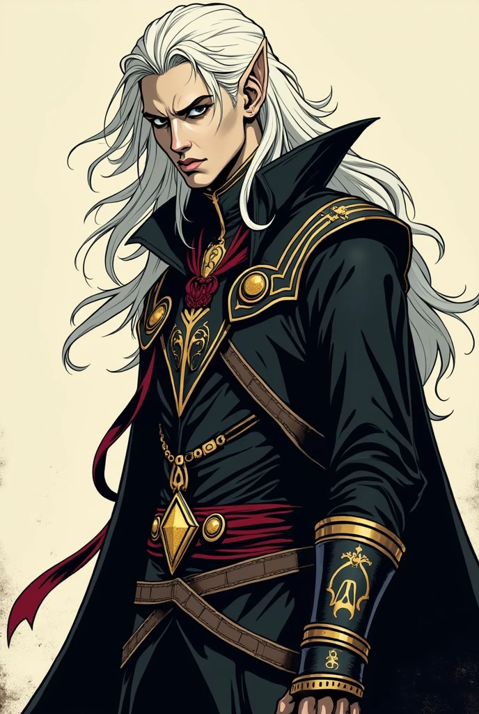 Create an elven rogue with pale skin and long, curly white hair. He has a sádico e superior a todos olhar, exalando uma aura de arrogância. His outfit is predominantly black with intricate white and red details. At his waist, he wears an amulet resembling the Behelit from Berserk, but with a mask design similar to Dio's mask from JoJo's Bizarre Adventure, in a golden color. Ensure the mask and amulet are prominent, and the overall style of the character should follow traditional comic book art with bold outlines and flat colors. The background should be plain to highlight the character's detailed outfit and accessories.