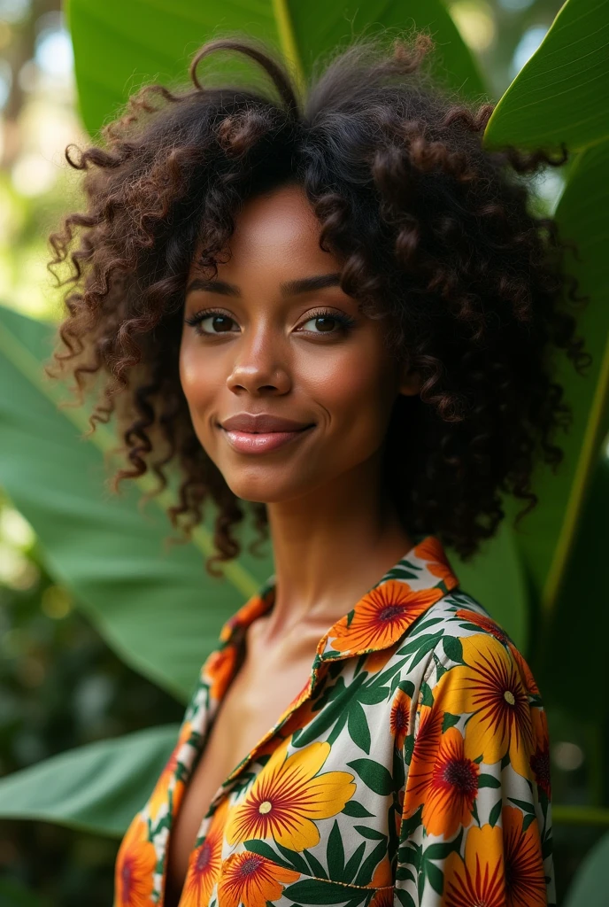 A Brazilian woman in a lush tropical garden, wearing an open shirt with a floral print, with a close-up capturing the harmonious beauty between her breasts and the natural flowers, showing off your natural charm and outgoing personality.
