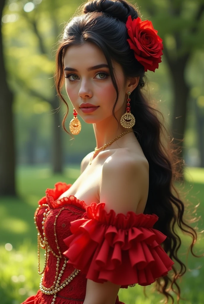 Woman Jennifer connelly Young 20 years old model long hair Brow bun with red rose in hair n blue eyes dress red ballet flamenco sevillana ruffles golden lace long earrings golden in park